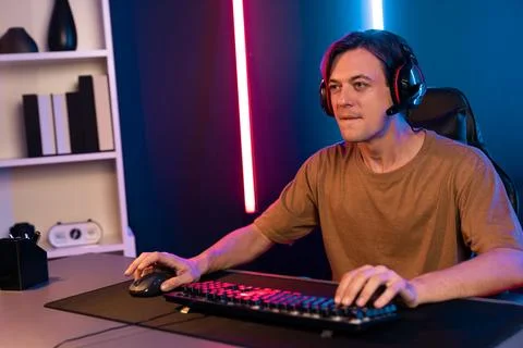 Host channel of smart streamer playing online game to be winner. Pecuniary. Stock Photos