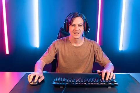 Host channel of smart streamer playing online game to be winner. Pecuniary. Stock Photos