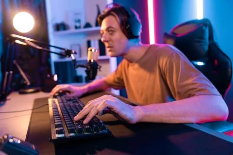 Host channel of smart streamer playing online game to be winner. Pecuniary. Stock Photos