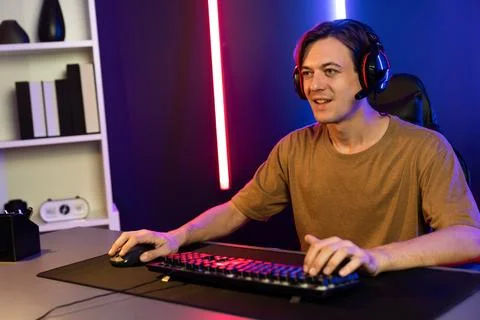 Host channel of smart streamer playing online game to be winner. Pecuniary. Stock Photos