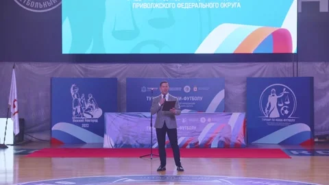 The host of the event speaks into the microphone, the speaker Stock Footage 212416283