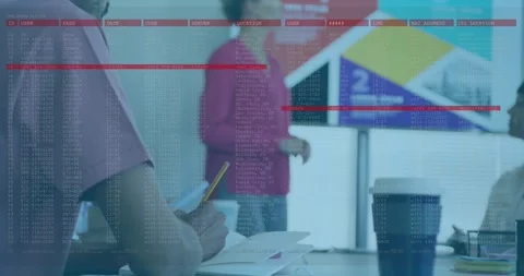Host gesturing in business meeting causing code overlay with red bars explaining Stock Footage 330936217