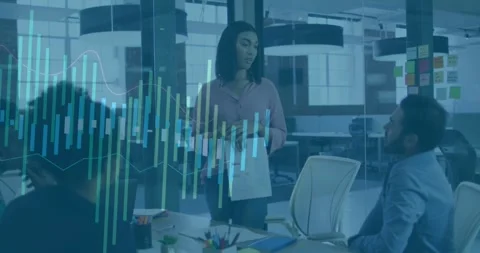 Host holding printed report starting metrics review in glass room, data overlay Stock Footage 334112349