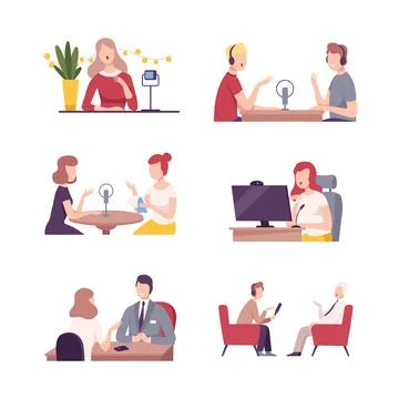 Host interviewing guest, communicating in studio and recording audio podcast or Illustrazione stock