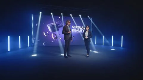 Host interviewing virtual reality glasses creator Stock Photos
