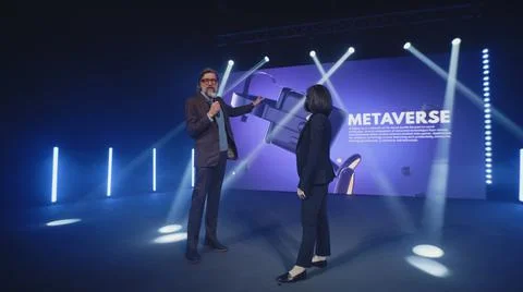 Host interviewing virtual reality glasses creator Stock Photos