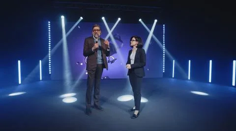 Host interviewing virtual reality glasses creator Stock Photos