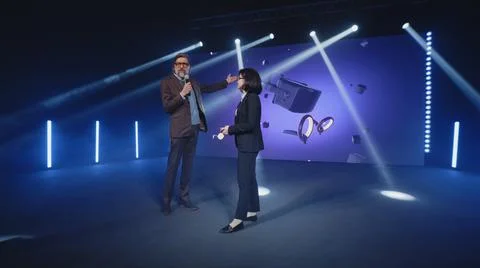 Host interviewing virtual reality glasses creator Stock Photos