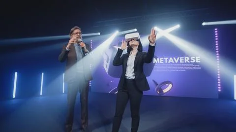 Host interviewing virtual reality glasses creator Stock Photos
