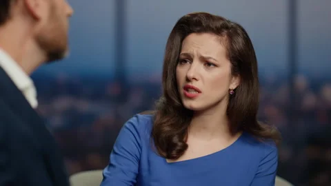 Host looking man guest with compassion listening sad story in tv show close up. Video stock 254127285