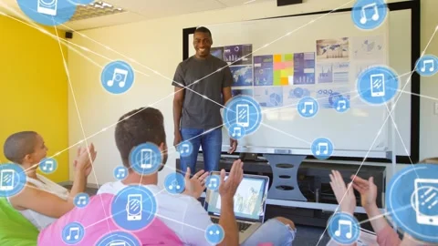 Host nodding while team clapping chart sparking blue network icons overlaying Stock Footage 332804850