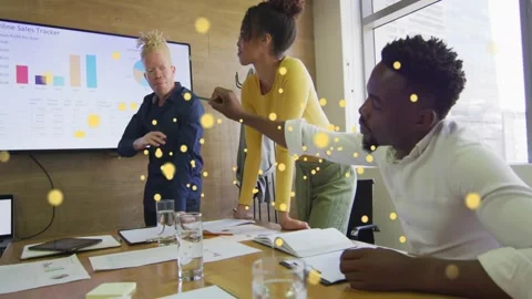 Host pointing at charts initiating particles forming Bitcoin network over team Stock Footage 331125258