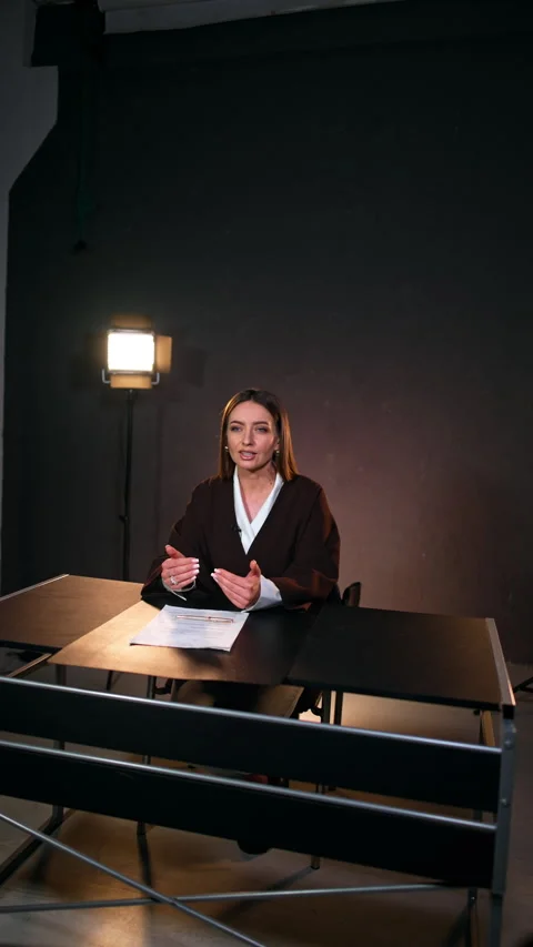 Host of the program sitting at desk talks to camera gesturing.  Video stock 311932377