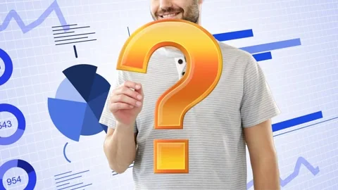 Host raising hands and manipulating charts while 3D question mark growing Stock Footage 333336405
