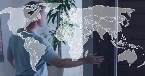 Host reaching handle, opening door, shaking visitor's hand, world map overlay Vidéo 329812816