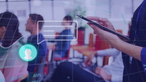 Host tapping phone at right, chat bubble brightening and 3D finance graphs Stock Footage 332705119