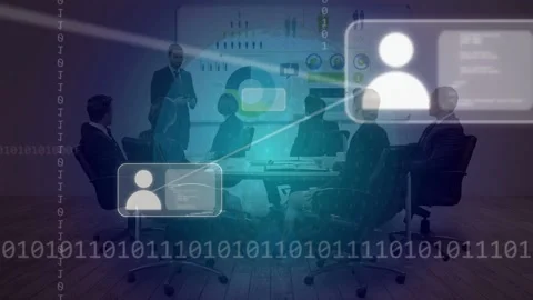 Host tapping tablet, globe appearing over table, avatar panels sliding, Stock Footage 335761605