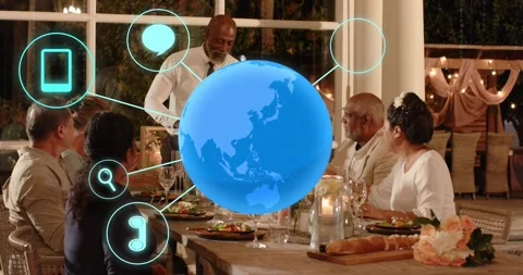 Host uncorking bottle toasting, initiating blue 3D globe growing over table and Stock Footage 322203311