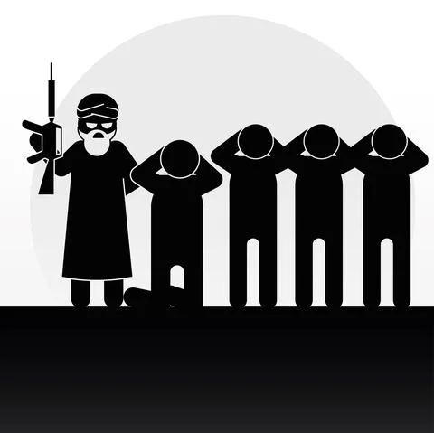 Hostages and terrorist with weapon Stock Illustration
