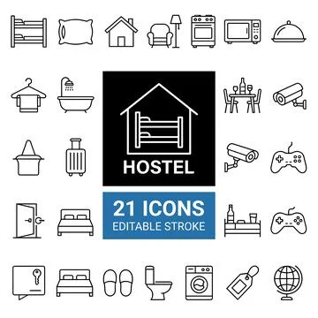Hostel icon set with bunk bed, suitcase, bed, toilet, washing machine, secu.. Ilustração Stock