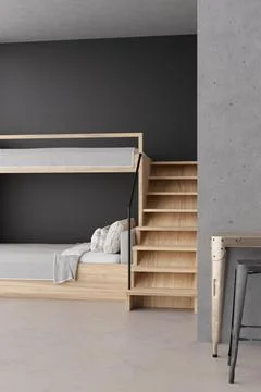 This hostel interior features detailed 3D rendering of bunk beds and wooden s Stock Illustration