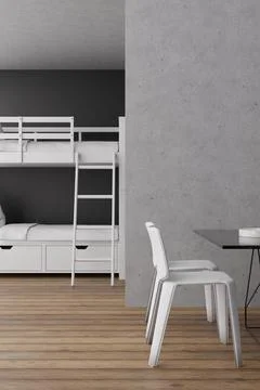 This hostel interior showcases a functional layout with a bunk bed setup, a.. 스톡 일러스트