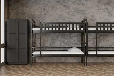 A hostel room with two sets of bunk beds arranged against a textured wall. .. Stock Illustration