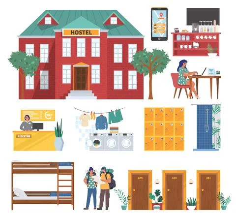 Hostel set, flat vector isolated illustration. Hostel building, reception, cafe Illustrazione stock