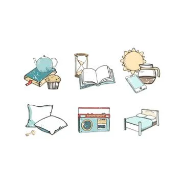 Hostel set of vector flat icons. Travel kit hand drawn illustration grunge te Stock Illustration