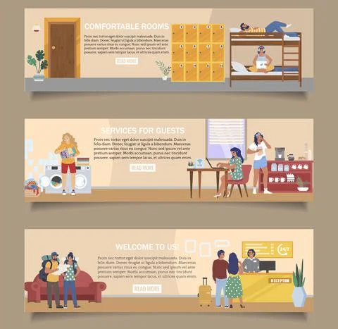 Hostel vector banner template set. Reception, cheap comfortable dormitory rooms Stock-Illustration