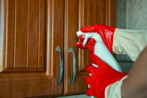 The hostess washes and cleans the kitchen cabinet with a sponge and cleaning  Stock Photos