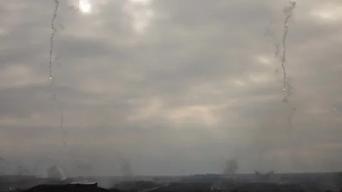 Hostilities. War concept. Military training ground with the explosions. Stock Footage 121881004