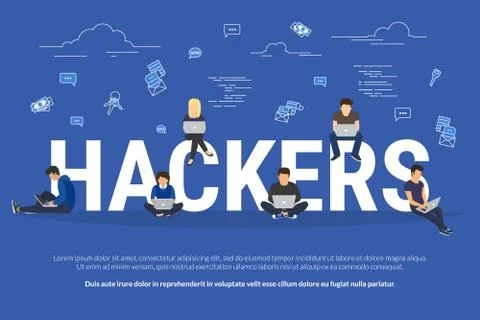 Hosting concept vector illustration of young people using laptops for internet Stock Illustration