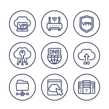 Hosting, dns and vpn line icons set on white Stock Illustration