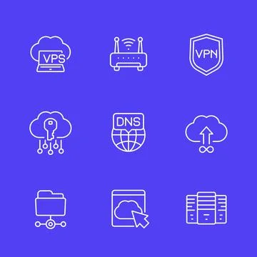 Hosting, dns and vpn line icons set Stock Illustration