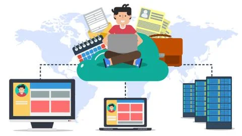 Hosting, online cloud with user and computers Stock Illustration