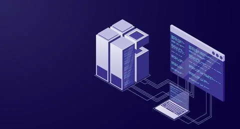 Hosting server or data center room concept. Isometric Data center. Isometric  Illustrazione stock