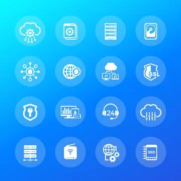 Hosting, servers and data storage icons, vector Stock Illustration