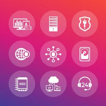 Hosting, servers, network icons Stock Illustration