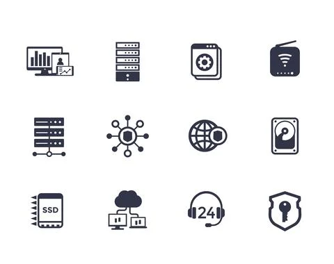 Hosting, servers, network infrastructure, data storage vector icons on white Stock Illustration