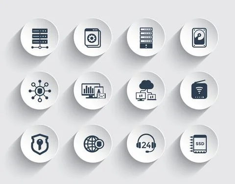 Hosting, servers, network infrastructure, data storage icons set Stock Illustration