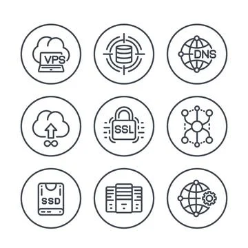 Hosting service and network solutions line icons set on white Stockillustratie