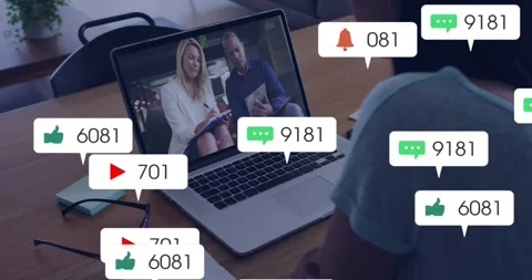 Hosts tapping tablet, viewer watching laptop, bubbles flooding laptop, signaling Stock Footage 330676259