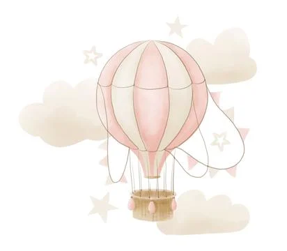 Hot air Balloon with cloud and stars in pastel pink and beige colors. Hand drawn Stock Illustration