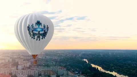 Hot Air Balloon with Creative Robots Design Above Cityscape Sunset Background Vídeos de archivo 296139738