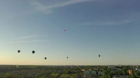 Hot air balloon in flight at sunset. View from the drone. Stock Footage 154869982
