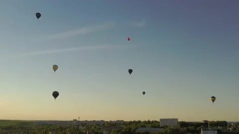 Hot air balloon in flight at sunset. View from the drone. Stock Footage 154870004