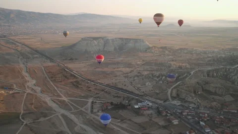 Hot Air Balloon Float in Air. Stunning View of Plain and Mountains from Above Stock Footage 156620510