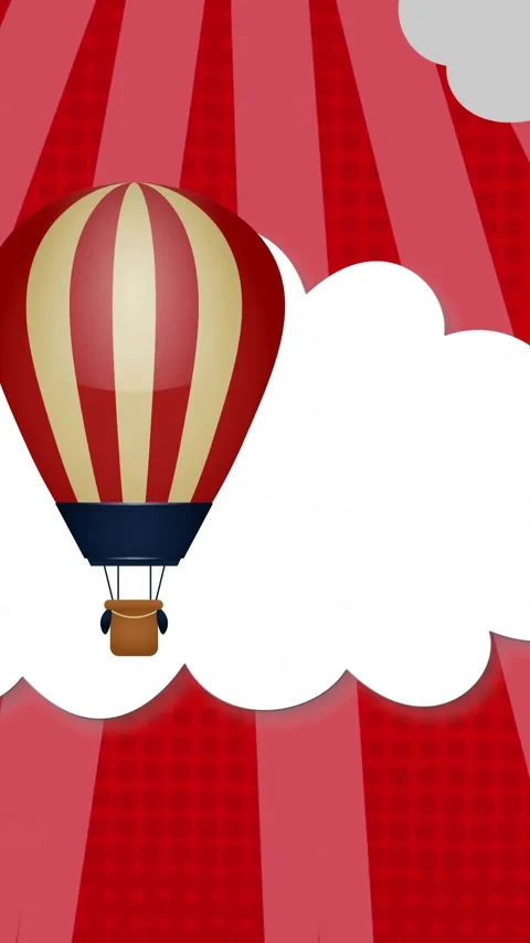 Hot air balloon floating among clouds animation over red striped background Stock Footage 344403621
