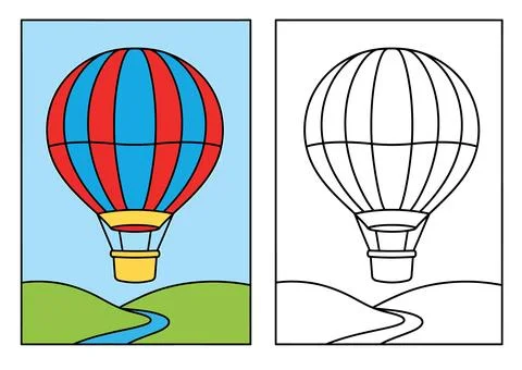 Hot Air Balloon Floating Over Scenic Hills Coloring Page Design Ilustração Stock
